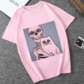 Pink short sleeve t-shirt featuring a unique skull and cat graphic print casual top. - S / Pink (21049)