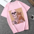Pink short sleeve crewneck t-shirt featuring a unique skeleton and cat graphic print. - S / Pink (21050)
