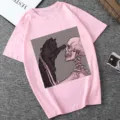 Pink short sleeve t-shirt featuring a unique black cat and skull graphic print casual wear - Pink (21052)