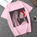 Pink short sleeve t-shirt featuring cute cat and skeleton graphic print, casual crew neck top. - Pink (21053)