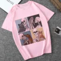 Graphic print short sleeve t-shirt featuring skeleton and cat illustration for women casual wear. - Pink (21055)