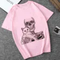 Pink short sleeve t-shirt with cool gothic skeleton and cute cat graphic design. - Pink (21056)