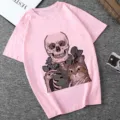 Women pink short sleeve t-shirt featuring unique skull and cat graphic design detail. - Pink (21062)