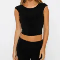 Schwarzes ärmelloses Crop-Top, Rundhalsausschnitt, figurbetontes Basic-Unterhemd für Damen. - S / Schwarz