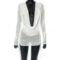Women White Sheer Mesh Long Sleeve Deep V Cowl Neck Ruched Two Piece Set Sexy Top - S / White