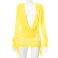 Yellow sheer mesh long sleeve deep V cowl neck ruched sexy mini dress fashion clubwear - S / Yellow
