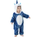Cute baby blue unicorn flannel romper for autumn and winter, cozy hooded jumpsuit for infants. - 70 / Blue Unicorn Zippered Baby Romper