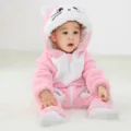 Lindo mameluco de franela para bebé animal invierno cálido capucha mono polar rosa - 120 / Monos / Mameluco de gatito rosa