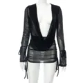 Black sheer mesh deep V-neck long sleeve ruched top sexy clubwear summer women blouse - S / Black