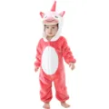 Cute pink unicorn flannel baby romper, cozy winter hooded jumpsuit for infants and toddlers. - Red Unicorn Zippered Baby Romper