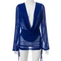 Blue sheer mesh cowl neck long sleeve top with side drawstrings for women summer fashion - S / Blue