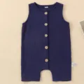 Navy blue cotton baby romper sleeveless jumpsuit, wooden buttons, comfortable infant summer wear. - 0-3M / Dark Blue