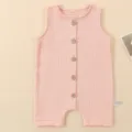 Pink baby sleeveless cotton gauze romper, newborn onesie with wooden buttons for 6-12M. - 0-3M / Pink