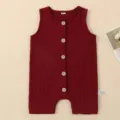 Infant baby sleeveless romper pure cotton solid color summer newborn bodysuit with wooden buttons - 0-3M / Burgundy