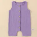 Baby pure cotton sleeveless romper in solid purple color with cute wooden buttons for summer wear. - 0-3M / Purple
