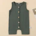 Dark green sleeveless baby cotton romper, summer breathable solid color onesie with buttons. - Dark Green