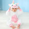 Tuta unicorno flanella neonato, romper neonato bianco rosa con cappuccio, costume animale invernale. - 120 / Tute intere / Pagliaccetto unicorno bianco