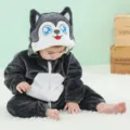 Cute baby grey husky flannel hooded onesie winter warm cartoon romper for infants. - Dark Grey Husky Baby Romper