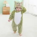 Cute green animal hooded baby romper, soft plush cartoon jumpsuit for kids daily wear. - 90 / Green Pony Baby Romper
