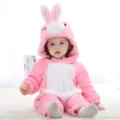 Baby pink flannel bunny romper, cute animal hooded jumpsuit for infants, autumn winter toddler warm wear - 90cm / Pink Rabbit