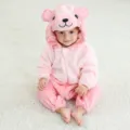 Monos de oso de franela rosa para bebé con capucha linda, mameluco suave para uso diario. - Mameluco de oso rosa / Talla 90 (Altura recomendada 70-80 cm)
