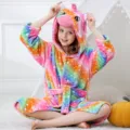 Kinder Regenbogen Einhorn Flanell Bademantel mit Kapuze Kuschelige Sternen Hausbekleidung - 3-4J / Robe / Regenbogen Einhorn