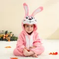Cute pink bunny flannel baby romper, soft hooded jumpsuit for infant toddler daily wear dress up. - Pink Long-Eared Rabbit Onesie