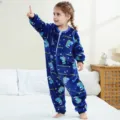 Kinder Fleece Dinosaurier Einteiler Winter warme Nachtwaesche Kleinkind niedlich blau Pyjama - Blauer Dinosaurier