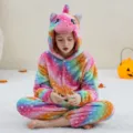 Kids Rainbow Star Unicorn Flannel Onesie Pajamas Multicolor Hooded Sleepwear for Children - 6Y (105-115cm) / Kids' Rainbow Unicorn Onesie