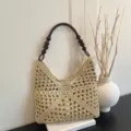 Bolso de hombro de paja tejida beige con asa de cuentas de madera bolso informal - Blanco Roto