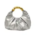 Silberne plissierte Abendtasche mit metallischem Griff, elegante Damen Handtasche - Silber