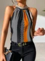 Elegantes Damen ärmelloses Top mit Stehkragen, modischem Streifen- und Polka-Dot-Muster. - S / Orange