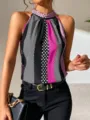 Stylish halter neck sleeveless blouse featuring mixed polka dot and stripe prints. - Rose Red
