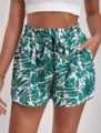Stylish 2024 new tropical leaf print high waist casual loose women shorts detail view - S / Green
