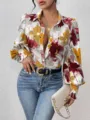 Damen Blumenmuster Puff Langarm Revers Knopfleiste Bluse lässige elegante Mode Top - S / Rot