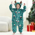 Kids Christmas flannel hooded onesie pajamas with cute reindeer antlers and Santa print. - 6Y (105-115cm) / Kids' Santa Claus Onesie