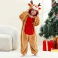 Kids flannel reindeer onesie, cute cartoon animal hooded romper pajama for holiday party. - 6Y (105-115cm) / Kids' Turmeric Fawn Onesie