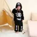 Kids black fleece skeleton onesie pajama, cute hooded costume for Halloween party wear. - 6Y (105-115cm) / Kids' Skull Onesie