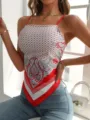 Top a canotta con stampa cachemire rosso e bianco, orlo a V e spalline sottili per un look estivo chic. - Taglia S / Rosso