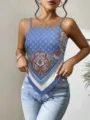 Women blue paisley print cami top trendy halter square neck sleeveless summer crop top outfit - Blue