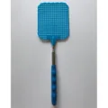 Retractable fly swatter with stainless steel telescopic pole and blue plastic mesh head. - Blue