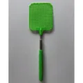 Green telescopic fly swatter with stainless steel rod and plastic mesh head for home use. - Green