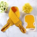 3-piece yellow bath sponge, back scrubber strap, and exfoliating mitt set for body cleaning. - Ginger Yellow 3-Piece Set