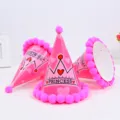 Gorra de fiesta cónica rosa con pompones esponjosos y corona para cumpleaños infantil. - Rosa Princesa