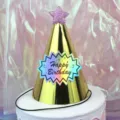 Gold birthday party hat with pink glitter star and Happy Birthday label for kids. - Holographic Gold