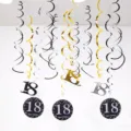 18th Birthday Party Decorations Hanging Swirls PVC Ceiling Streamers 18 Years Old - 18 Years Old (12pcs) / Gold Silver Black