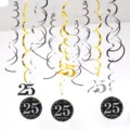 25th birthday party hanging swirl decorations set, black gold silver foil swirls with number 25. - 25 Years Old (12pcs) / Gold Silver Black