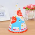 Gorro de cumpleaños de papel en forma de cono con lindo elefante azul y diseño de fiesta - Tema de Elefante