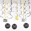 50th birthday party hanging decorations set, black gold silver foil swirls and cards. - 50 Years Old (12pcs) / Gold Silver Black