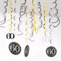 60th birthday hanging decorations PVC swirls party supplies ceiling decor 12pcs set - 60 Years Old (12pcs) / Gold Silver Black